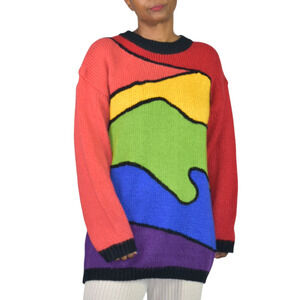 Vintage Design Zone Color Block Sweater Green 90s Abstract Colorful Bright Large